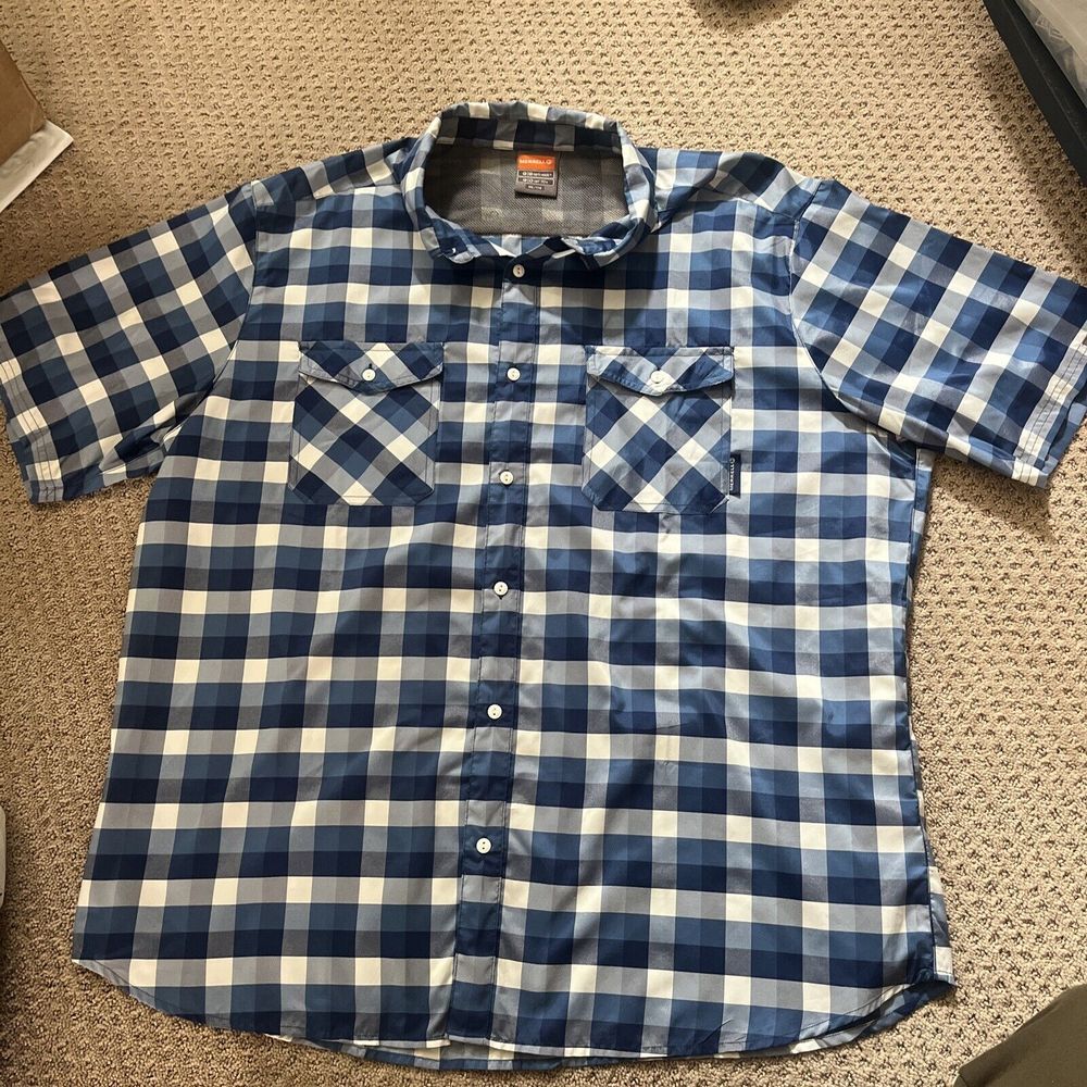 Merrell | Men's Blue White Plaid Check SS Opti-Wick‎ UPF 30+ Shirt | XXL 2XL TTG